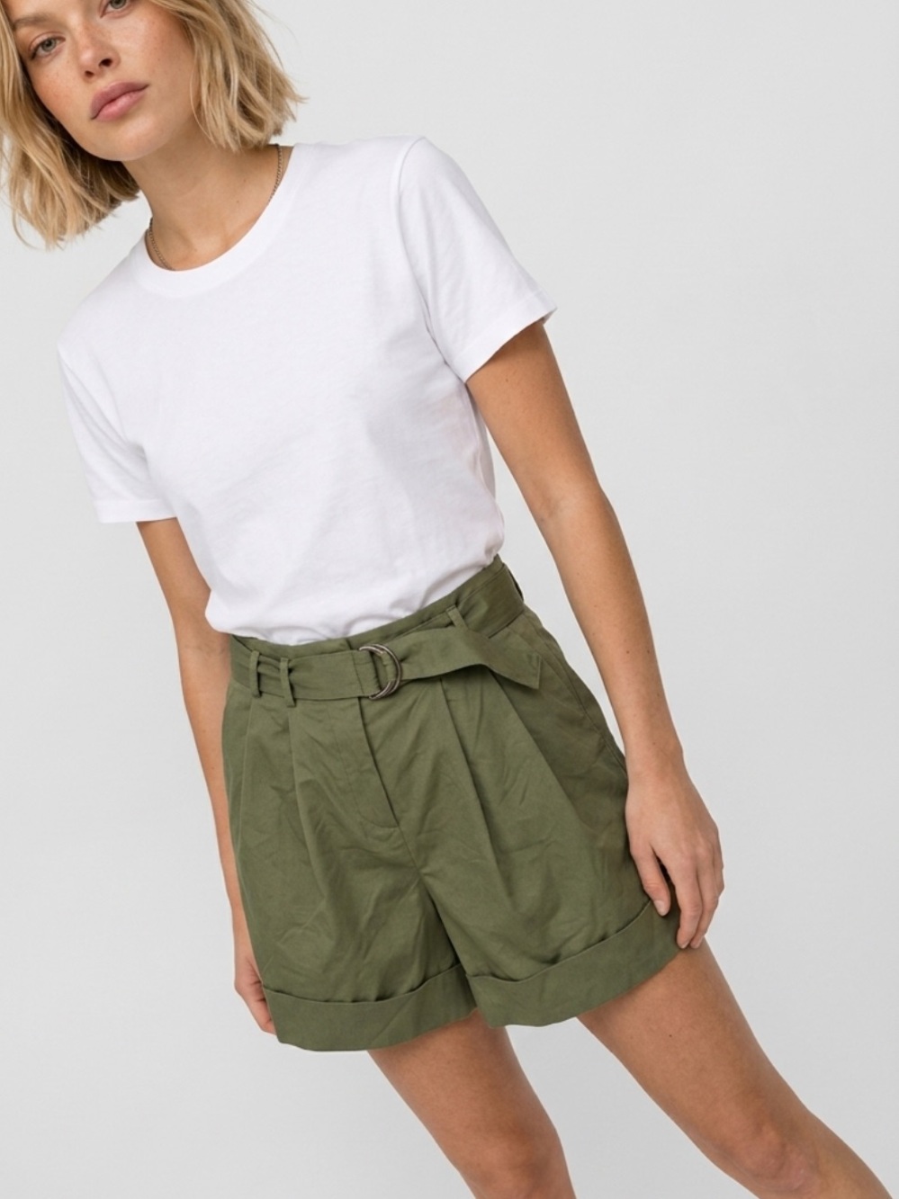 Elizabeth and James Olive Green High-Waist Pleated Shorts with Belt
